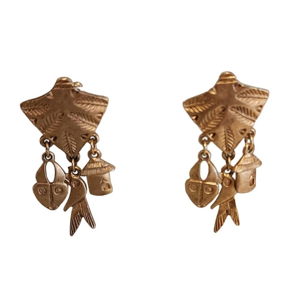 Vintage Egyptian Style Earrings Gold Tone Charm Dangle